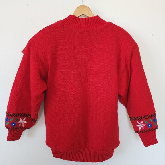 Vintage 80s Red Womens Exotic Fringe Button Down Cardigan Floral Sweater Small - Picture 6 of 7